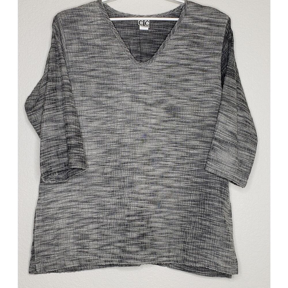 CTC Carol Turner Womens Tunic Top Size Medium 3/4 Sleeve Gray V-Neck Side Slit